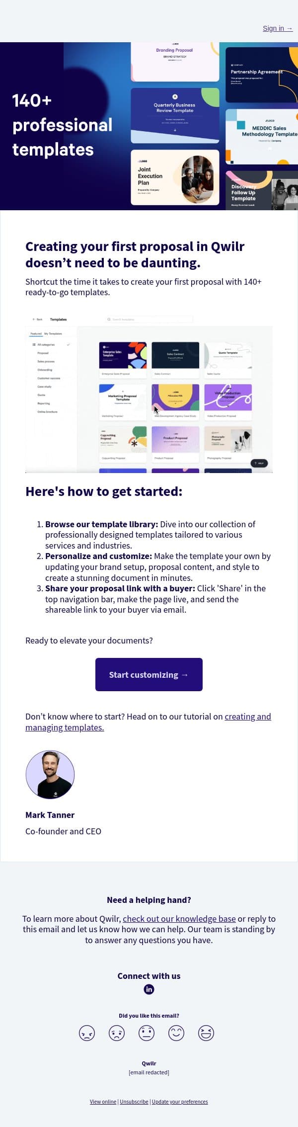 Get access to 140+ ready-to-go templates now! 📝 email from Qwilr screenshot
