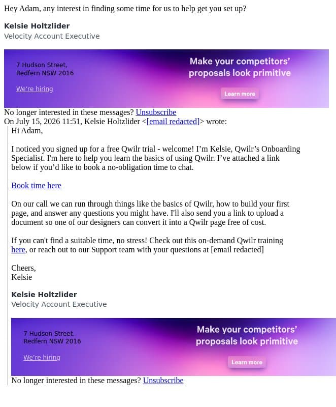 Re: Qwilr Trial Onboarding email from Qwilr screenshot
