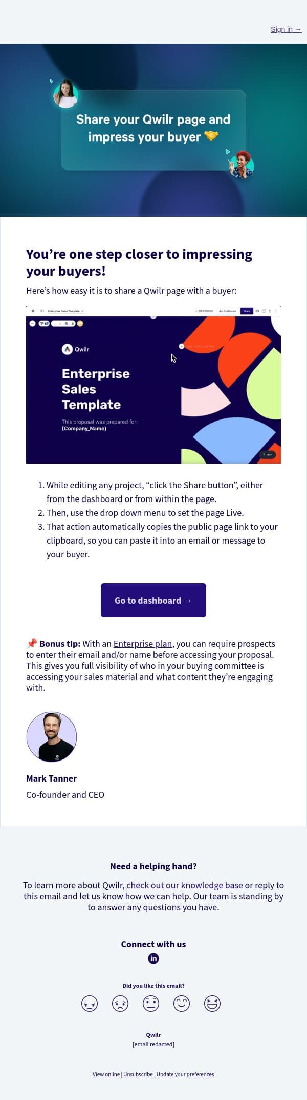 Share your first proposal with buyers and boost your sales efficiency 🚀 email from Qwilr screenshot