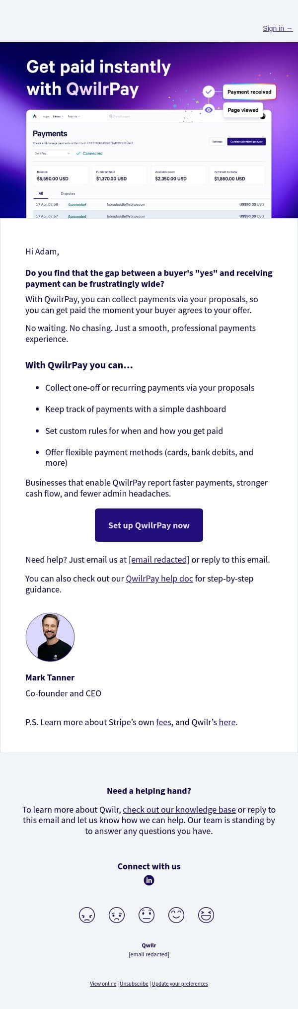 Collect payments instantly with QwilrPay email from Qwilr screenshot