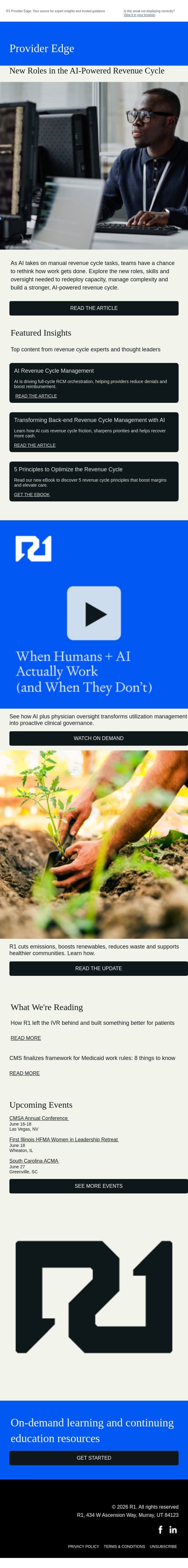 Explore What’s Next in Revenue Performance with AI Innovation, RCM Guidance and Fresh Insights email from R1 RCM screenshot