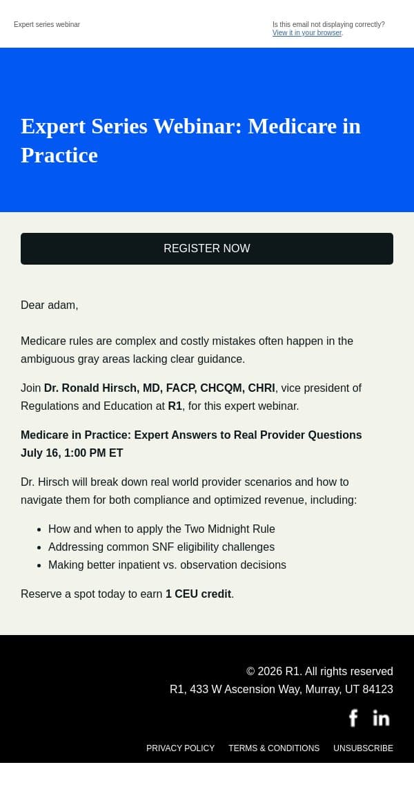 Medicare in Practice: Expert Answers to Real Provider Questions email from R1 RCM screenshot