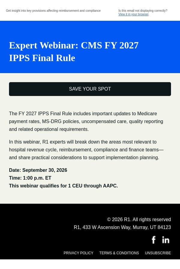Expert Webinar: Key 2027 IPPS Final Rule updates for hospital leaders email from R1 RCM screenshot