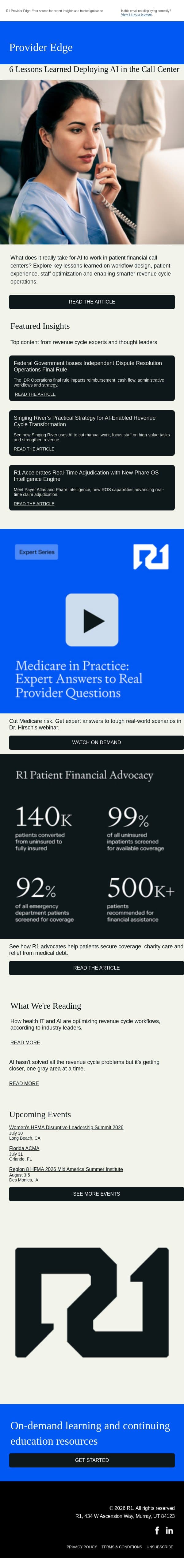 Practical applications for AI in call centers, and a strategy for revenue cycle transformation email from R1 RCM screenshot