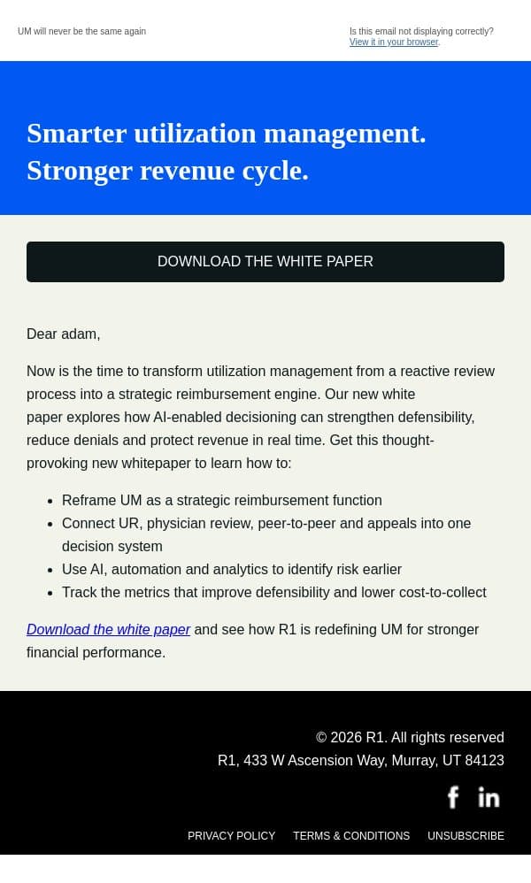 Utilization Management pivots from reviews to power reimbursement email from R1 RCM screenshot