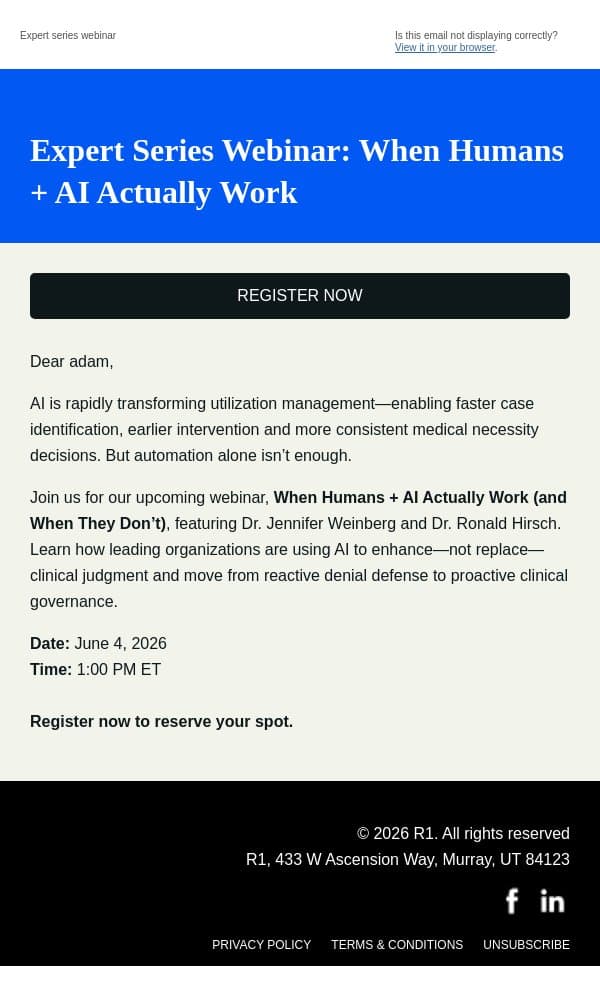 Expert Webinar: Balancing AI and Clinical Judgment in Utilization Management email from R1 RCM screenshot