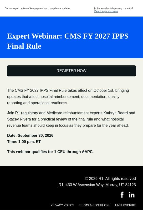 Upcoming webinar: What the 2027 IPPS Final Rule means for healthcare providers email from R1 RCM screenshot