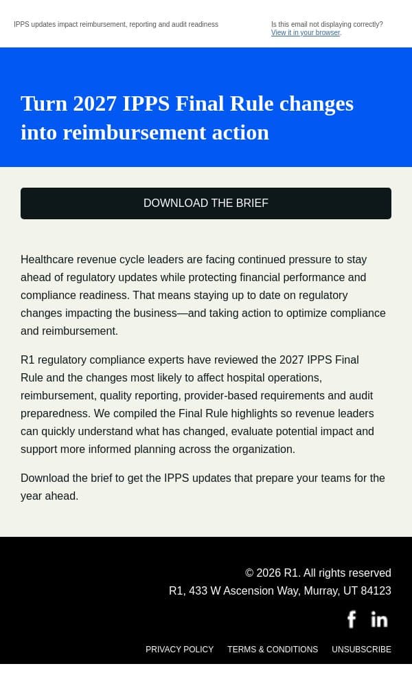How the 2027 IPPS Final Rule affects operations and compliance email from R1 RCM screenshot