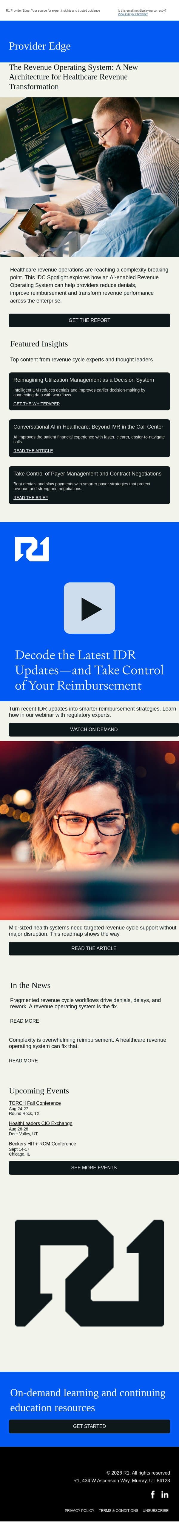 See How Leading Health Systems are Rethinking Revenue Operations email from R1 RCM screenshot