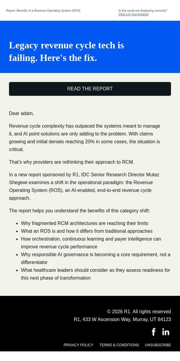 Why 39% of health systems are pivoting to AI-driven operating models for RCM email from R1 RCM screenshot