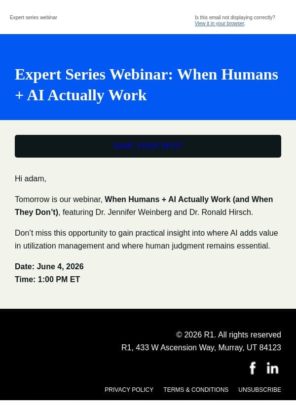 Last Chance! AI + Utilization Management Webinar Tomorrow. email from R1 RCM screenshot