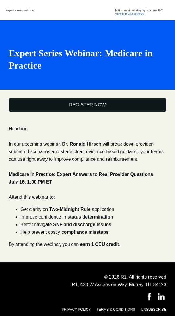 Learn real-world Medicare strategies that strengthen compliance and reimbursement email from R1 RCM screenshot