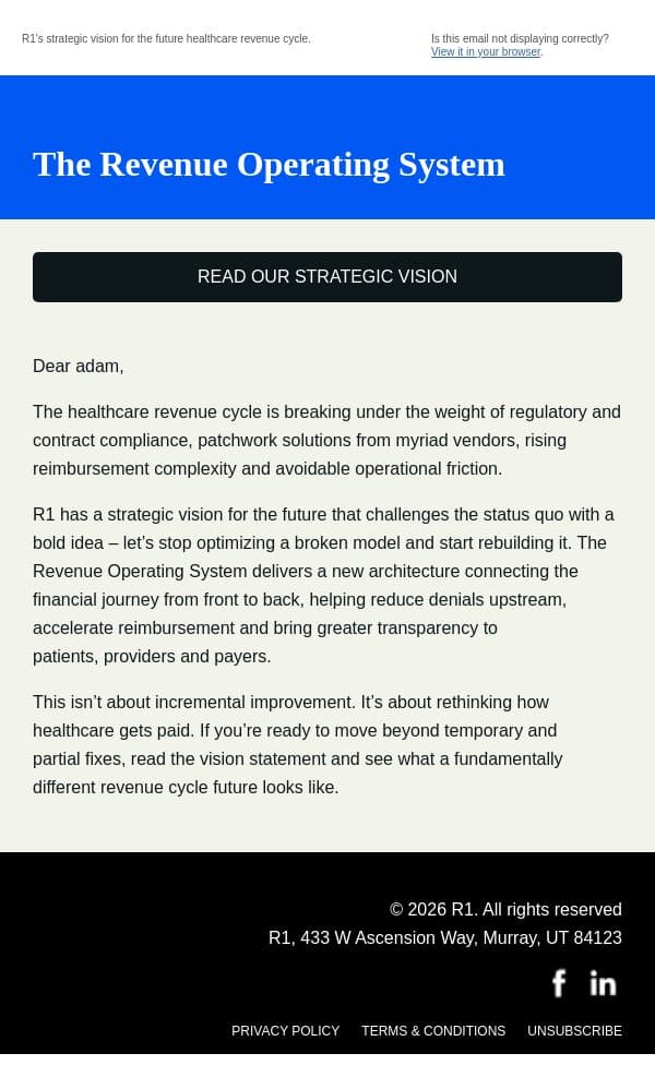 The healthcare revenue cycle doesn’t need another fix – it needs much more email from R1 RCM screenshot
