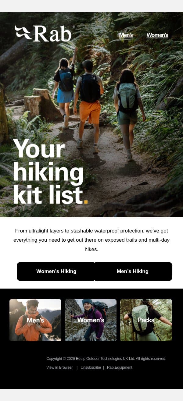 Gear up for the trail. email from Rab screenshot