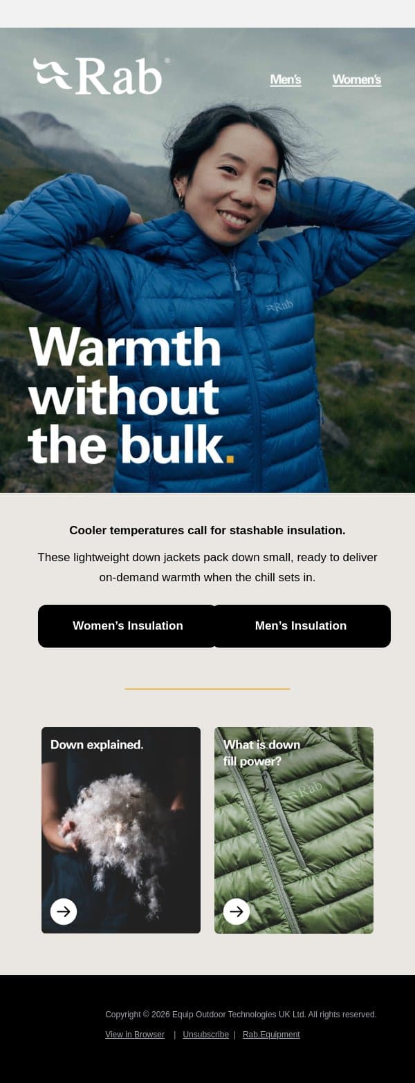Warmth that won’t weigh you down. email from Rab screenshot