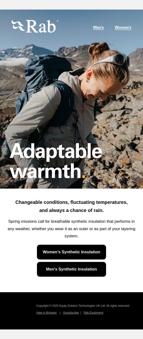 Spring calls for synthetic. email from Rab screenshot