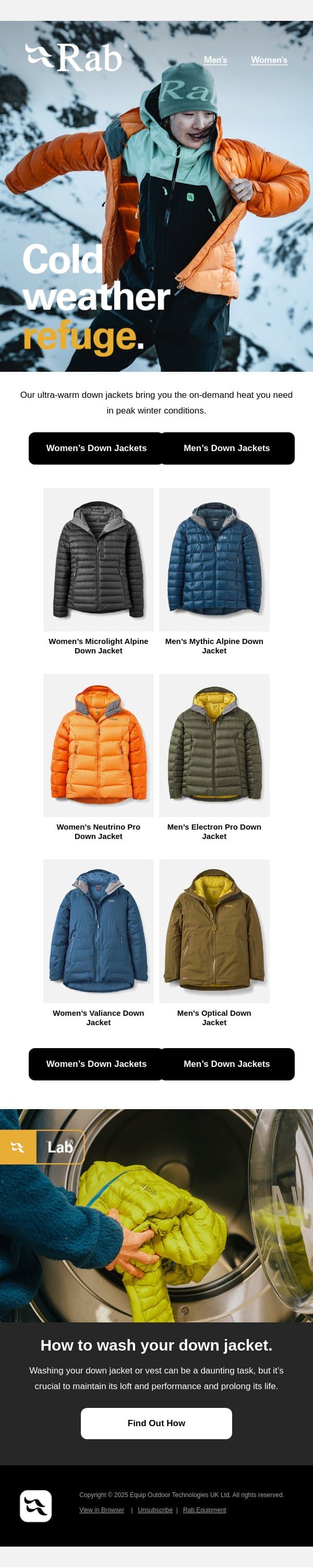 Cold weather refuge. email from Rab screenshot