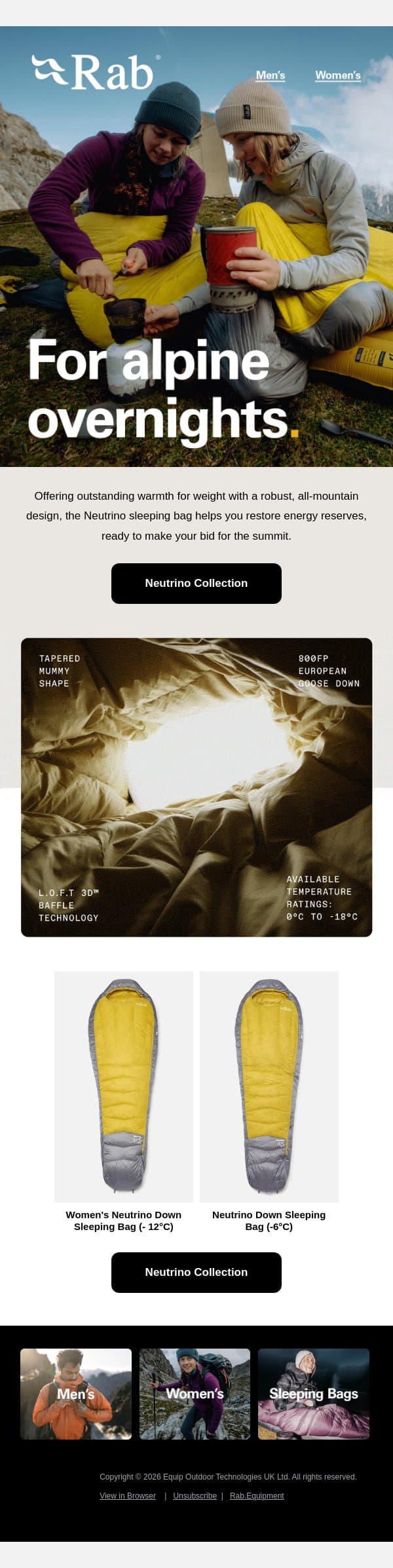 Tough, all-mountain sleeping bags. email from Rab screenshot
