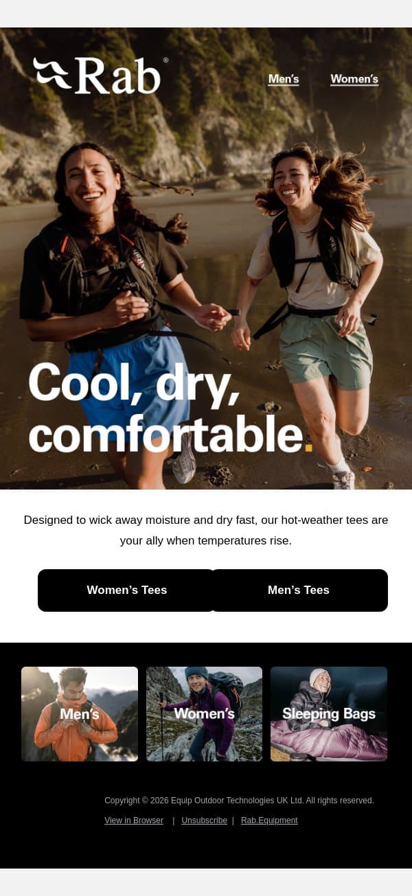 Tees for high heat. email from Rab screenshot