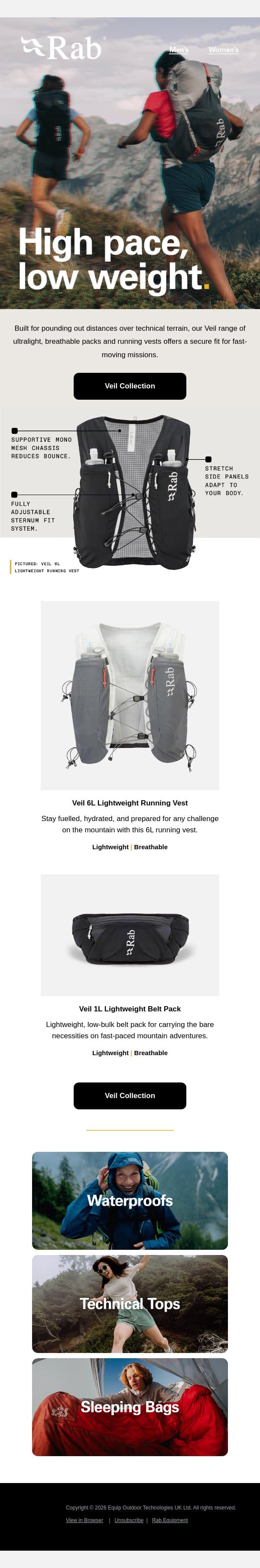 Packs for moving fast and free. email from Rab screenshot