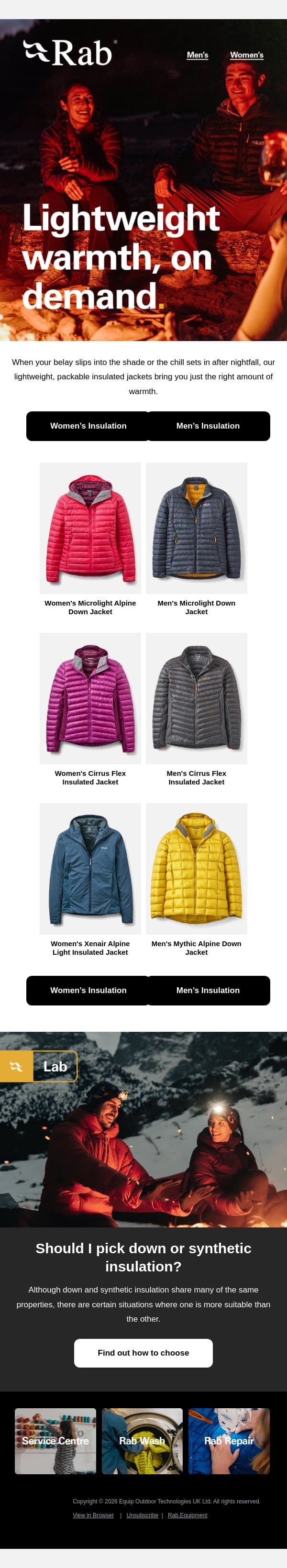 Lightweight, throw-on warmth. email from Rab screenshot