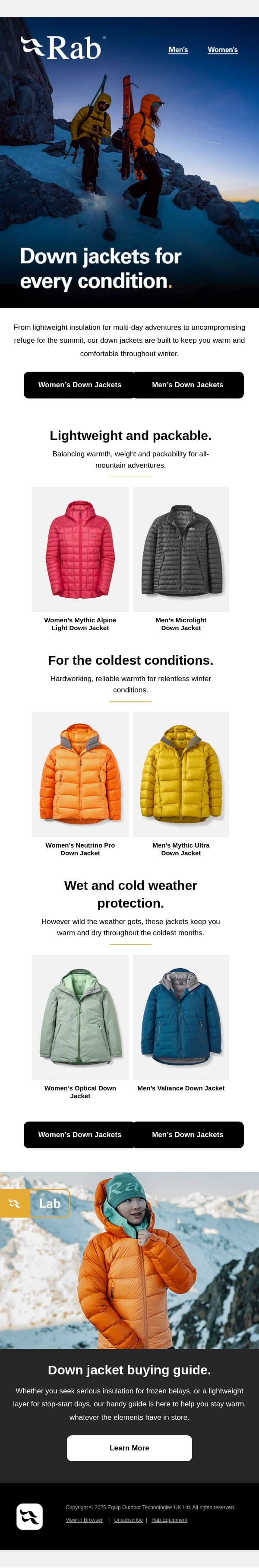 Down jackets for every condition. email from Rab screenshot