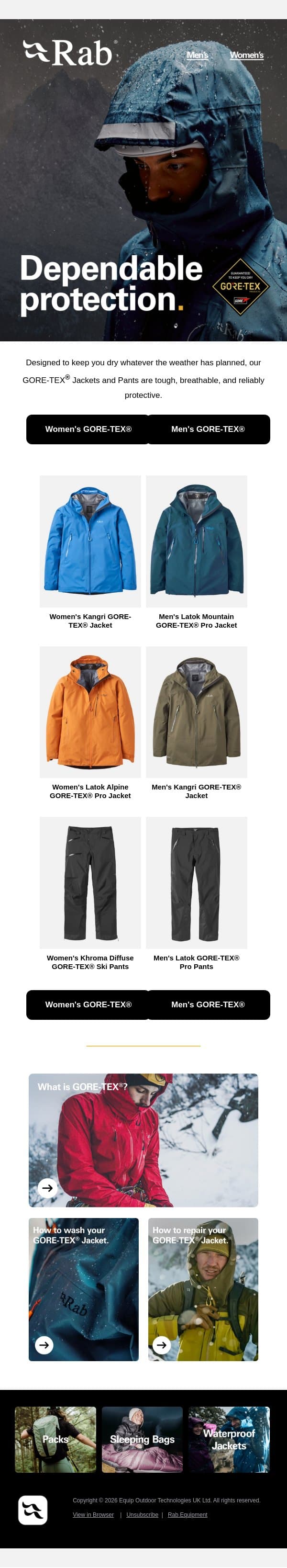 Built for all-weather exploring. email from Rab screenshot