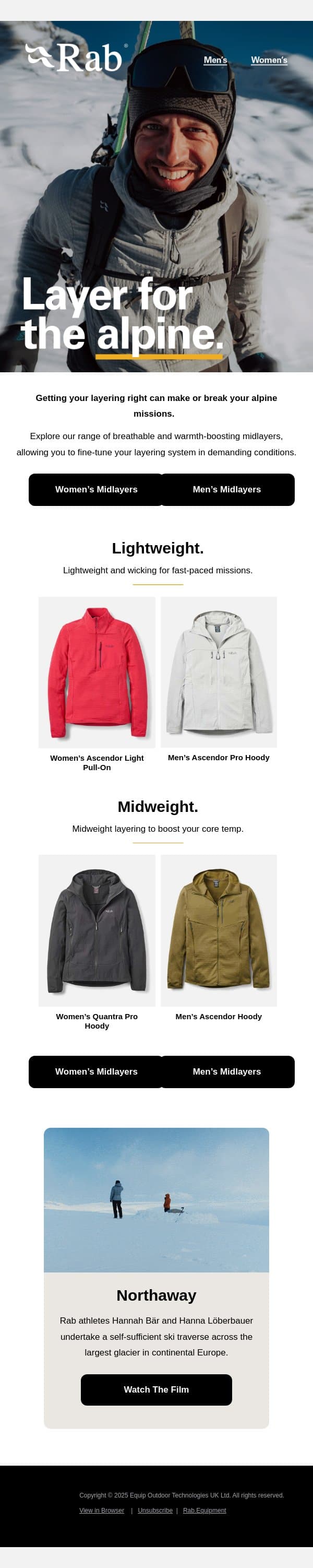Layer for the alpine. email from Rab screenshot
