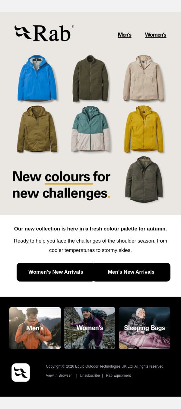 Our new colours have landed. email from Rab screenshot