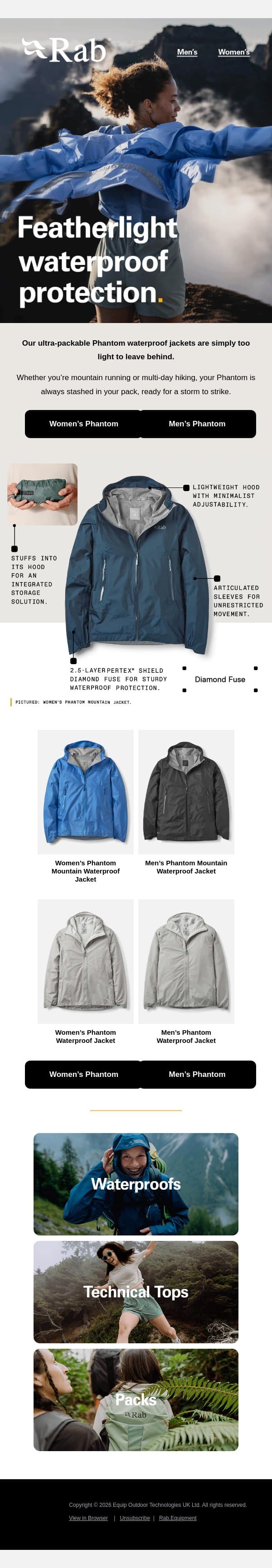Featherlight waterproof protection. email from Rab screenshot