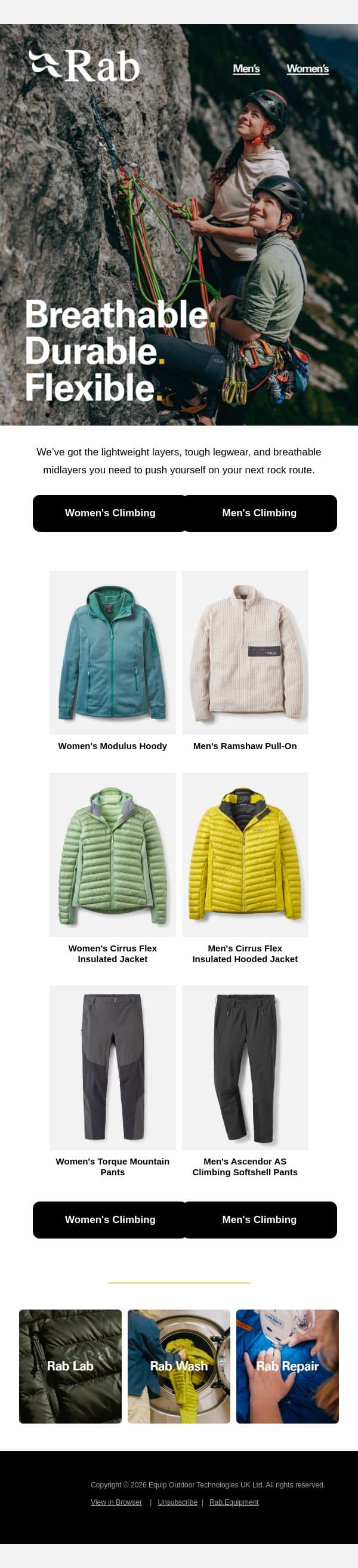 Elevate your climbing wardrobe. email from Rab screenshot