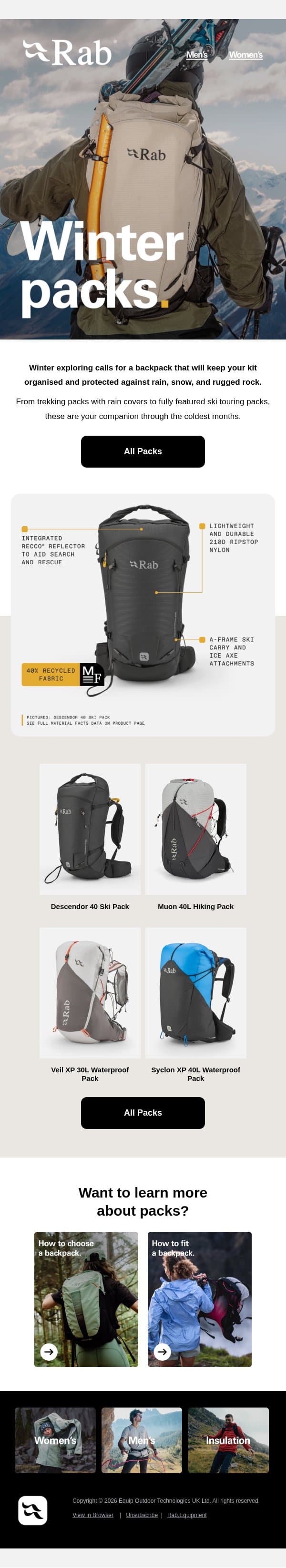 Tough, lightweight packs for challenging conditions. email from Rab screenshot