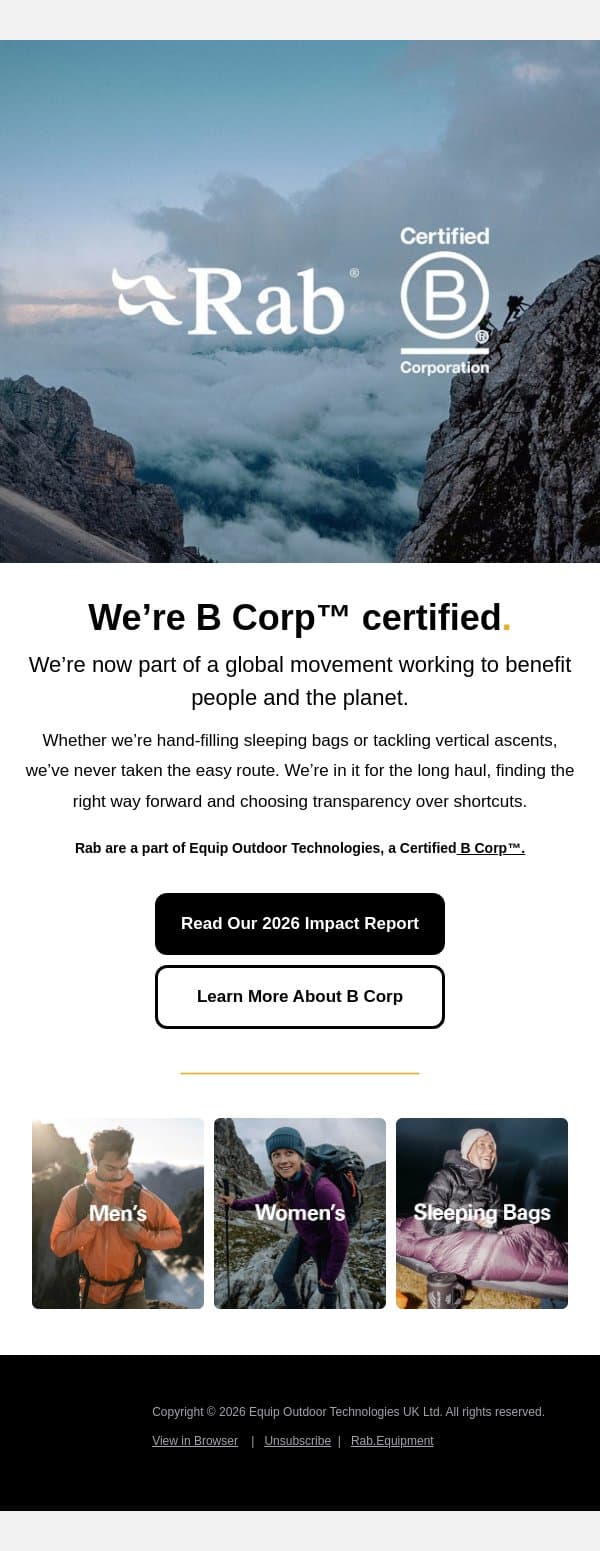 We’re B Corp™ certified. email from Rab screenshot