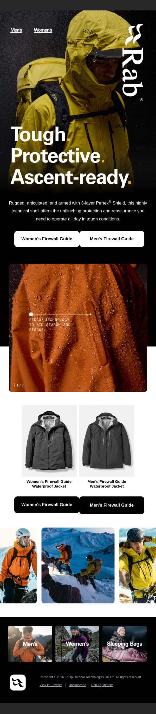Unflinching waterproof protection. email from Rab screenshot