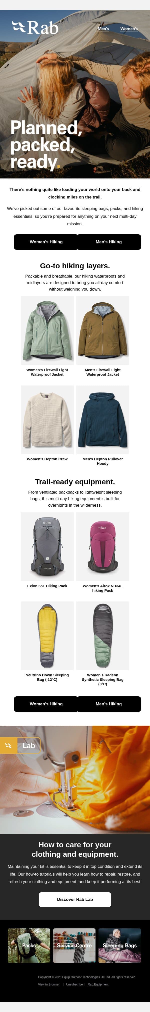 Planned, packed, ready. email from Rab screenshot