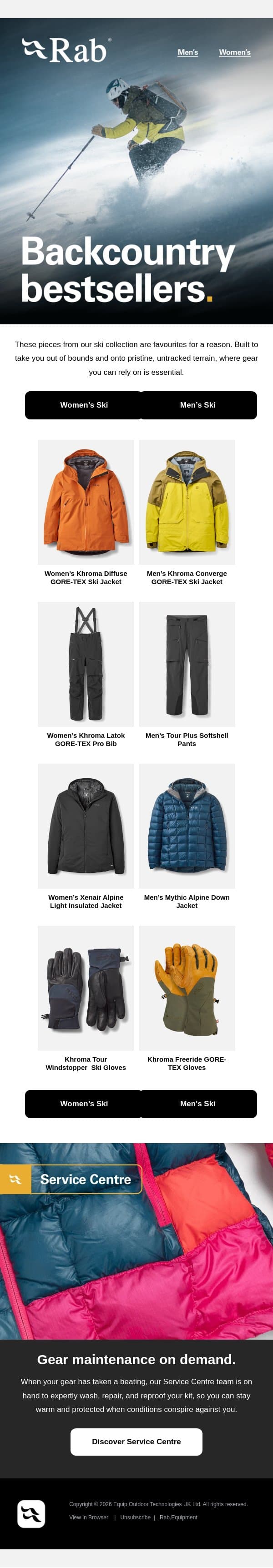Our bestselling ski gear. email from Rab screenshot