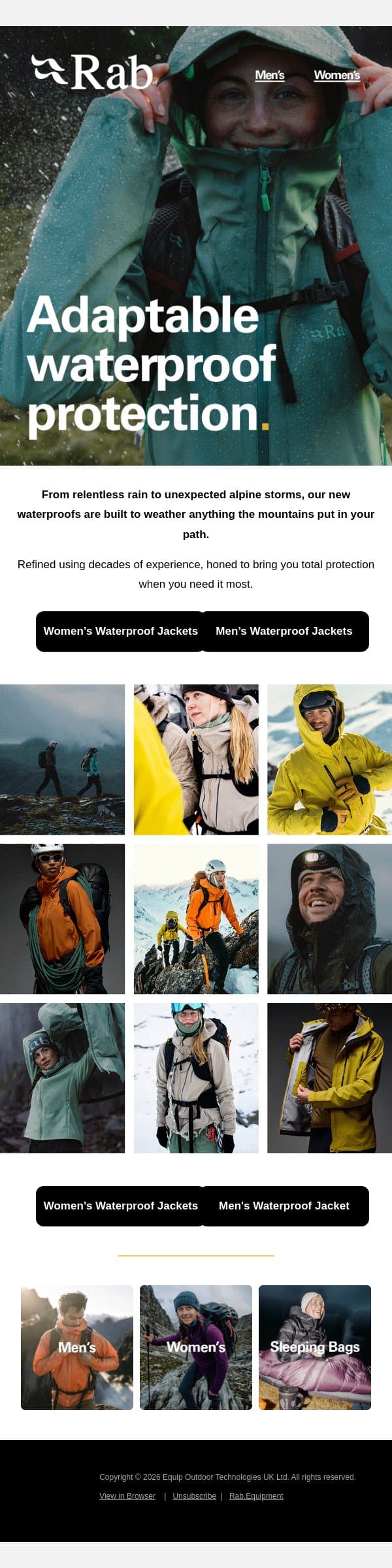 Adaptable waterproof protection. email from Rab screenshot