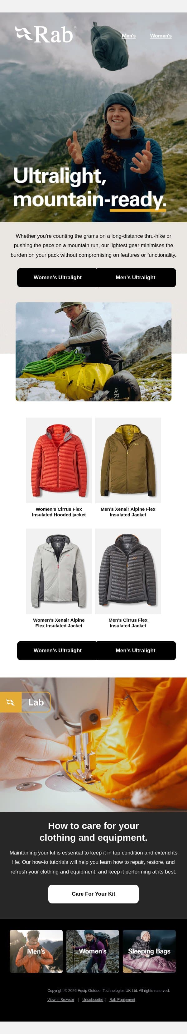 Lightweight gear with zero compromise. email from Rab screenshot