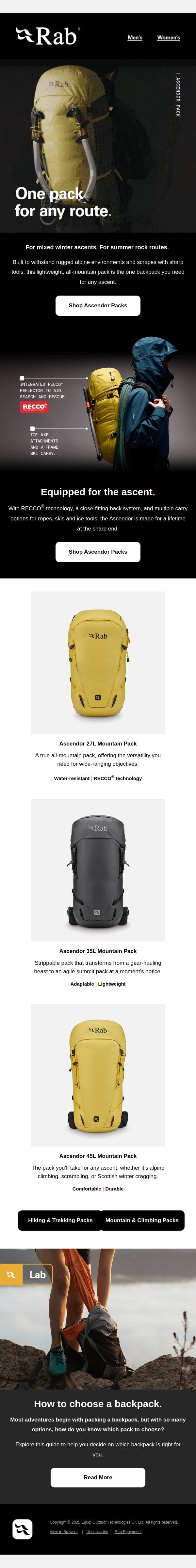 One pack for any route. email from Rab screenshot