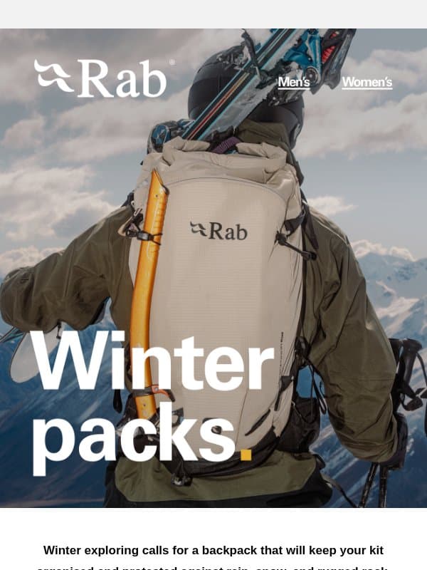 Tough, lightweight packs for challenging conditions. email from Rab