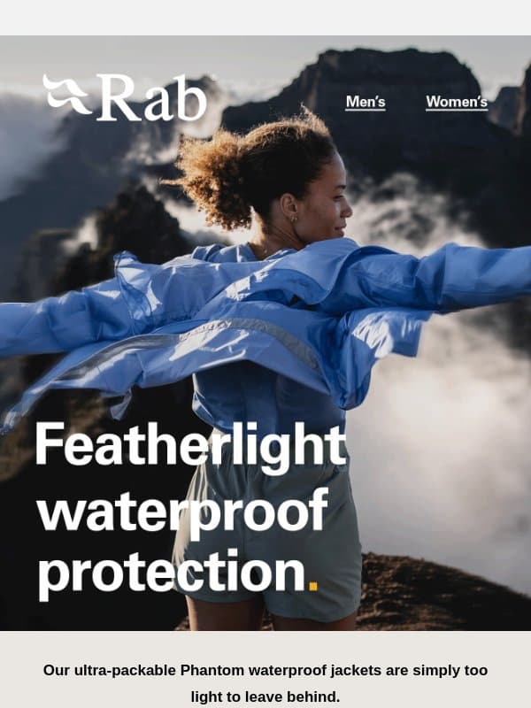 Featherlight waterproof protection. email from Rab