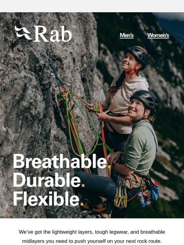 Elevate your climbing wardrobe. email from Rab
