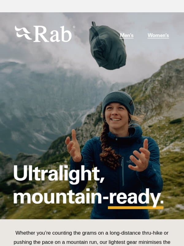 Lightweight gear with zero compromise. email from Rab