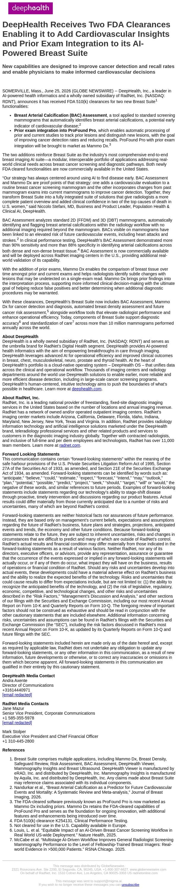 DeepHealth Receives Two FDA Clearances Enabling it to Add Cardiovascular Insights and Prior Exam Integration to its AI-Powered Breast Suite email from RadNet screenshot