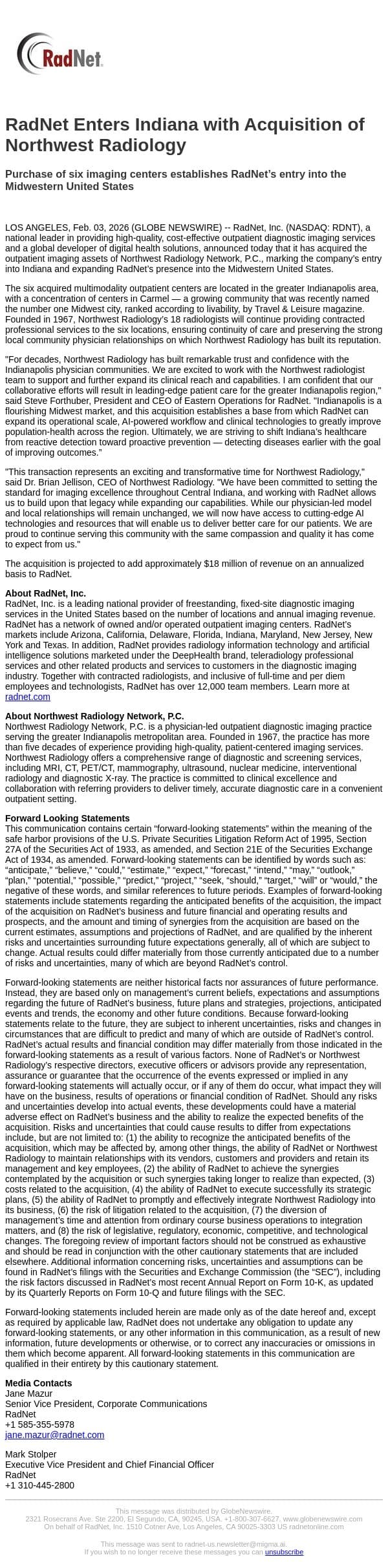 RadNet Enters Indiana with Acquisition of Northwest Radiology email from RadNet screenshot