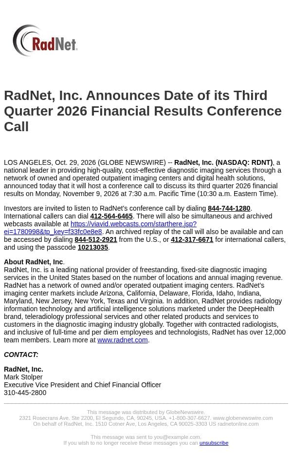 RadNet, Inc. Announces Date of its Third Quarter 2026 Financial Results Conference Call email from RadNet screenshot