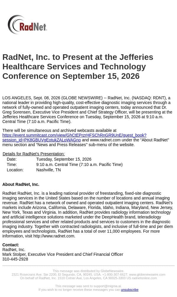 RadNet, Inc. to Present at the Jefferies Healthcare Services and Technology Conference on September 15, 2026 email from RadNet screenshot