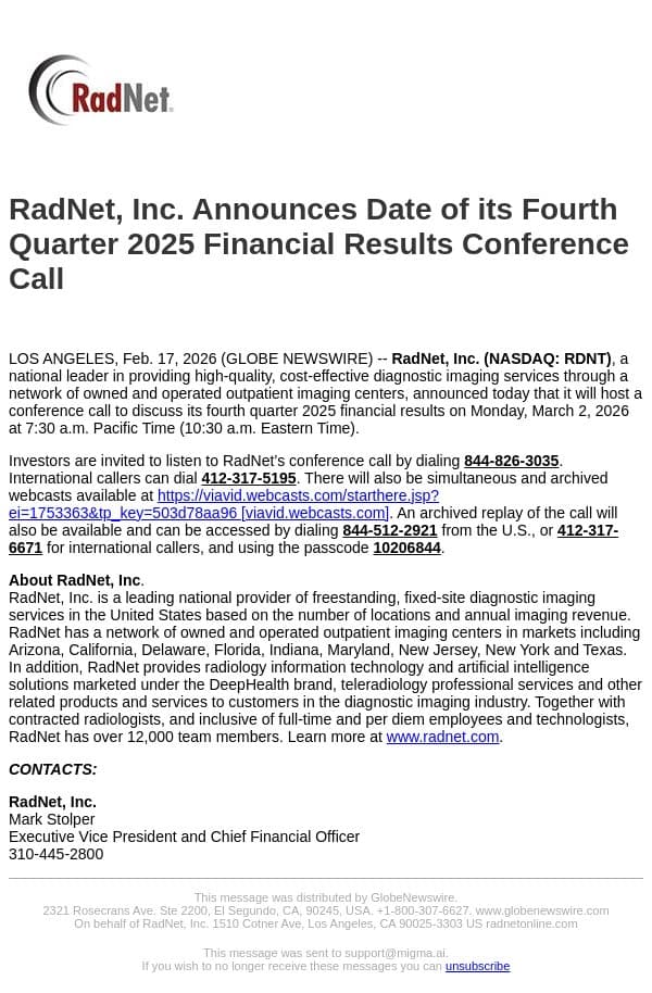 RadNet, Inc. Announces Date of its Fourth Quarter 2025 Financial Results Conference Call email from RadNet screenshot