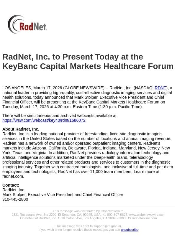 RadNet, Inc. to Present Today at the KeyBanc Capital Markets Healthcare Forum email from RadNet screenshot