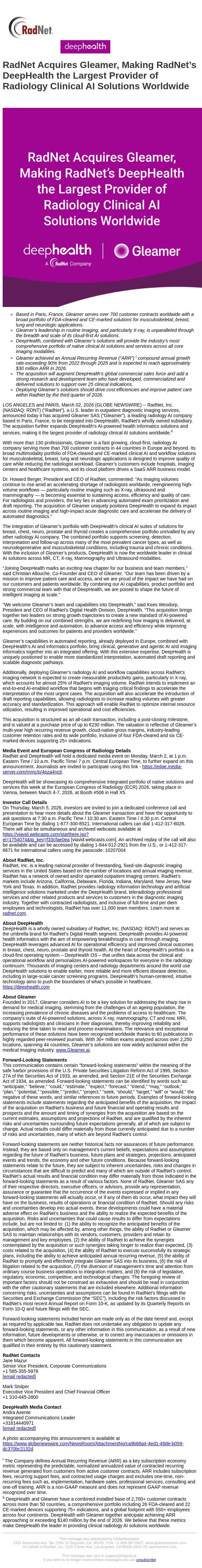 RadNet Acquires Gleamer, Making RadNet’s DeepHealth the Largest Provider of Radiology Clinical AI Solutions Worldwide email from RadNet screenshot